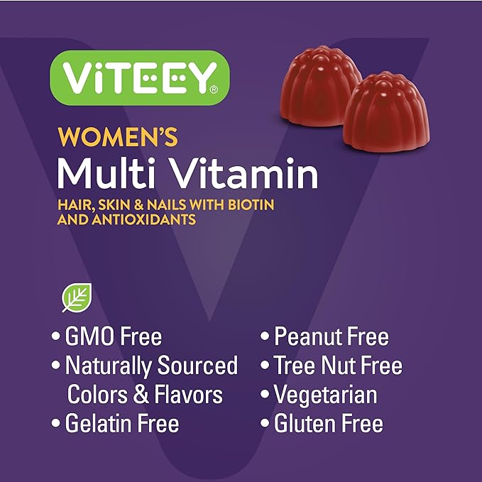 Viteey Womens Multivitamin Gummies - Immune Support - 12 in 1 Essential Vitamins &amp Minerals - Vitamin A C D3 E B6 B12 Folic Acid Biotin Calcium Zinc &amp More - Vegetarian - Raspberry Fl
