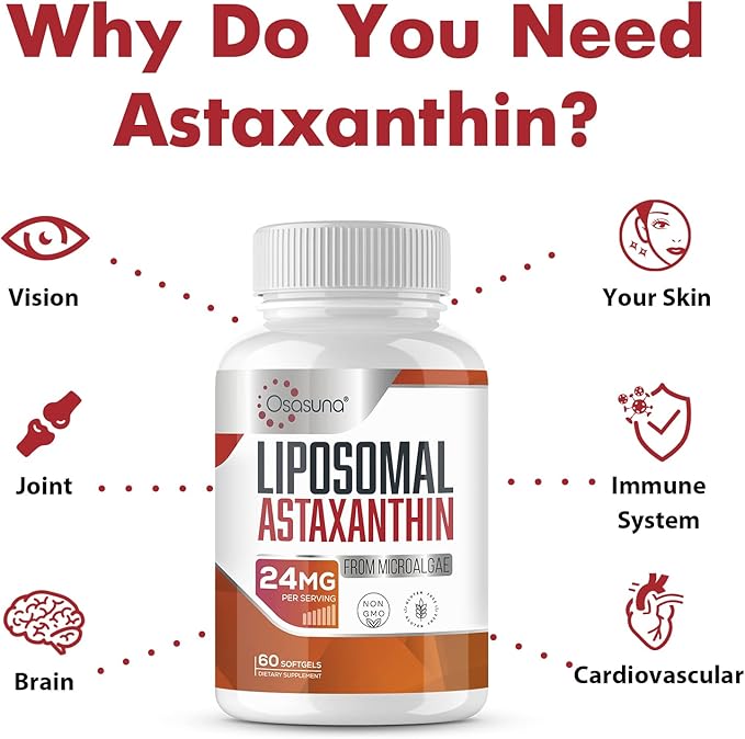 Liposomal Astaxanthin Supplement 24 MG Maximum Absorption Antioxidant Stronger Than VIT C Non-GMO &amp Gluten Free - 60 Softgels(2 Months Supply)