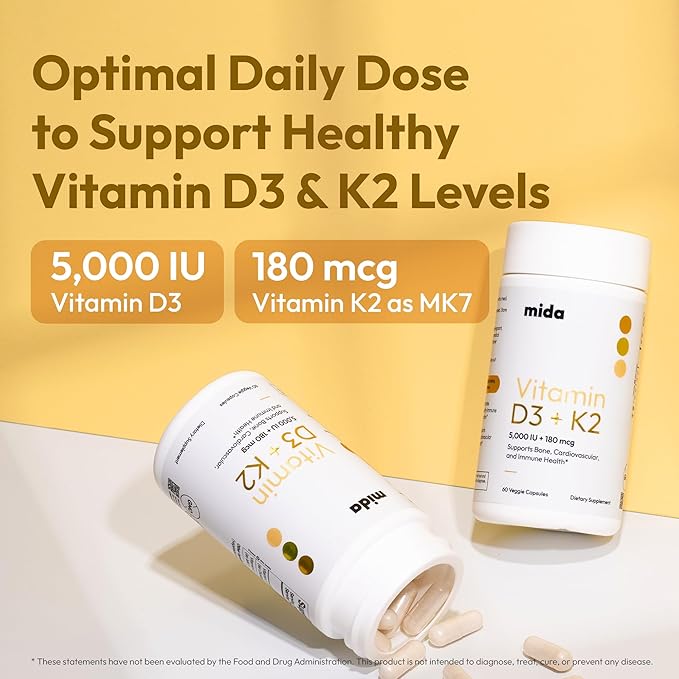 Vitamin D3 K2 5000 IU with MK7 (180 mcg) | Natural Supplement for Bone Strength Heart Health and Immune Support | Vegan Capsule | 60 Servings