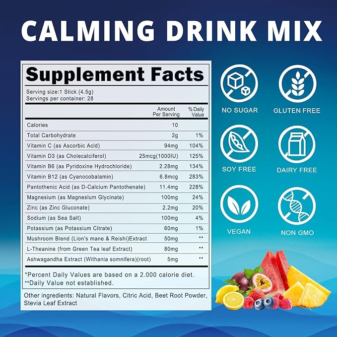 Cortisol Calm Drink Mix with Magnesium Glycinate Powder L-Theanine Vitamins Ashwagandha &amp Mushroom Calming Powdered Drink Mix for Relax Focus Sleep &amp Stress Relief Variety 28 Packets