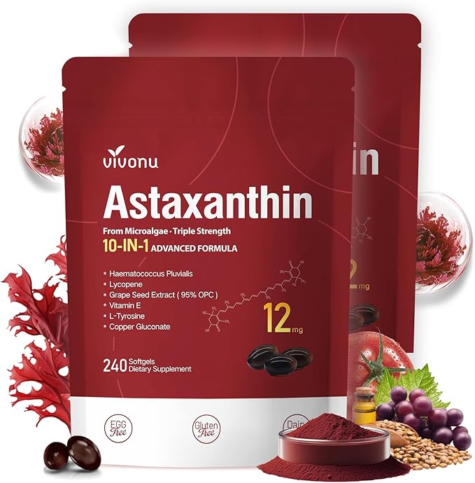 10 in 1 Astaxanthin Supplements 12mg 8 Month Supply Astaxantina Antioxidant from Fresh Haematococcus Pluvialis Contains Lycopene Grape Seed Vitamin E More Supports Eye Joints Skin Health 2Bag