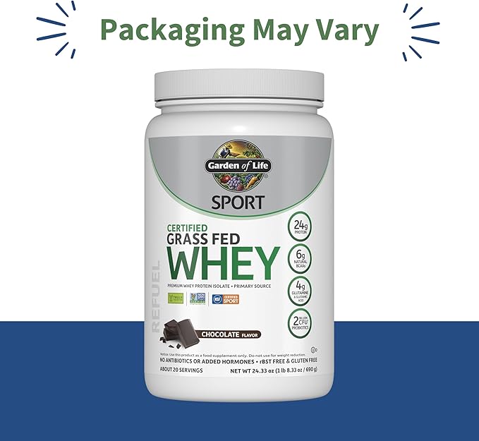 Garden of Life SPORT Whey Protein Powder Chocolate Premium Grass Fed Whey Protein Isolate plus Probiotics for Immune System Health 24g Protein Non GMO Gluten Free Cold Processed - 20 Servings