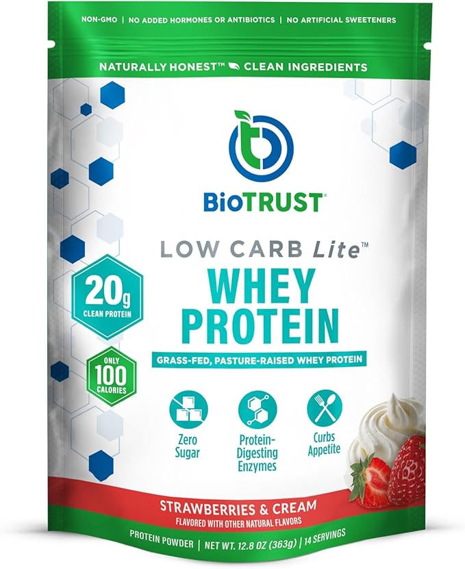 BioTrust Low Carb Lite 20 Grams of Grass-Fed Whey Protein Isolate 100 Calories ProHydrolase Digestive Enzymes Non-GMO Free from Soy and Gluten rBGH-Free (14 Servings) (Strawberries and Cream)