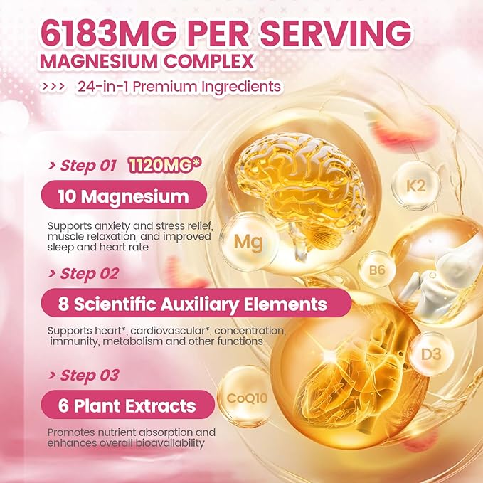 24-in-1 Magnesium Gummies 6183mg Magnesium Complex for Women and Men &amp Kids with Magnesiums Glycinate Citrate Malate Vitamin D3 K2 CoQ10 Zinc Potassium Sleep Heart Support Strawberry 3 Ba