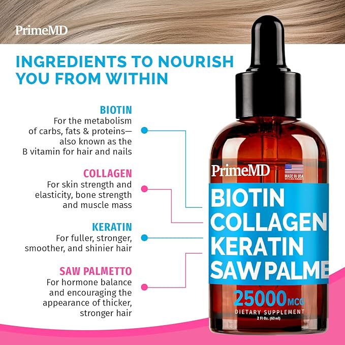 PrimeMD 4-in-1 Liquid Biotin Collagen Keratin Saw Palmetto Drops (3 Pack) Bundle - 25000mcg Hair Nails and Skin Vitamins for Women &amp Men - 2 Fl Oz Each Watermelon Flavor Gluten-Free Non-GMO