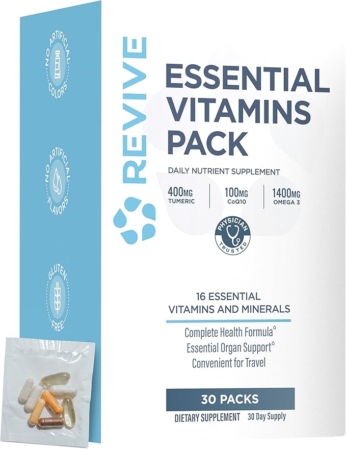Revive MD Essential Vitamin Packs for Men &amp Women – Daily Multivitamin Packets with Arjuna &amp Turmeric Extract – Supports Heart Joint &amp Organ Health – Travel-Friendly Vitamin Supplement (3