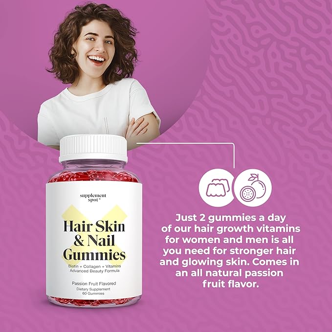 Hair Skin and Nails Vitamins 6000 mcg Biotin Gummies w/Collagen Passion Fruit Flavored Hair Vitamins Gluten Free Collagen Supplements (60 Count)