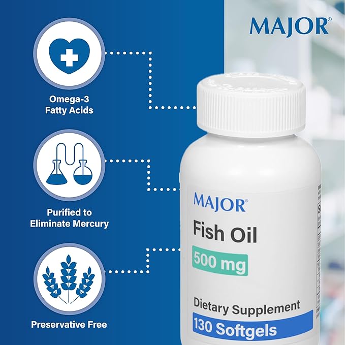 MAJOR Fish Oil 500mg Softgels - Omega-3 Fish Oil Supplement - Dietary Supplement - 130 Count (2 Pack)