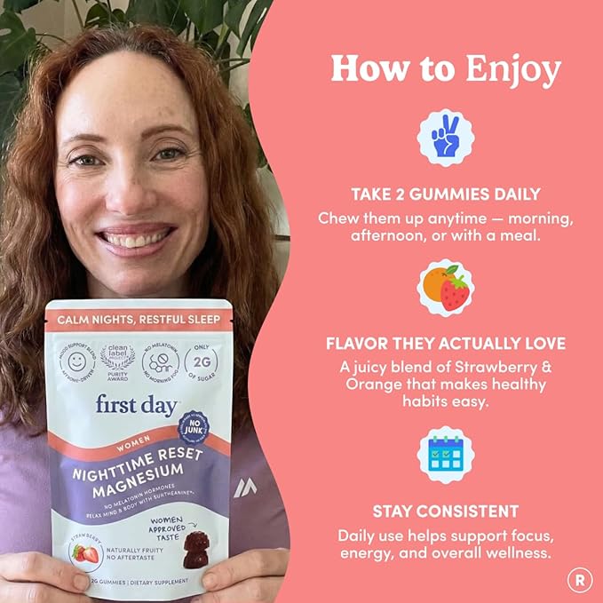 First Day Women’s Nighttime Reset Calming Magnesium Gummies – Sleep Aid Supports Peaceful Rest Balanced Mood &amp Energy – Supplement with Magnesium Citrate L-Theanine &amp No Melatonin – 30-Day S