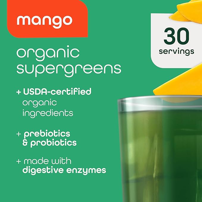 Zena Nutrition Organic Super Greens Powder 70+ Superfoods 0 Sugar 3G Fiber Spirulina Chlorella Mushrooms Prebiotics/Probiotics Digestive Enzymes for Gut Health Mango 30 Servings