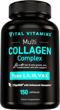 Vital Vitamins Multi Collagen Capsules - Type I II III V X - Grass-Fed Collagen Peptides Supplements Non-GMO - for Men &amp Women - 150 Count