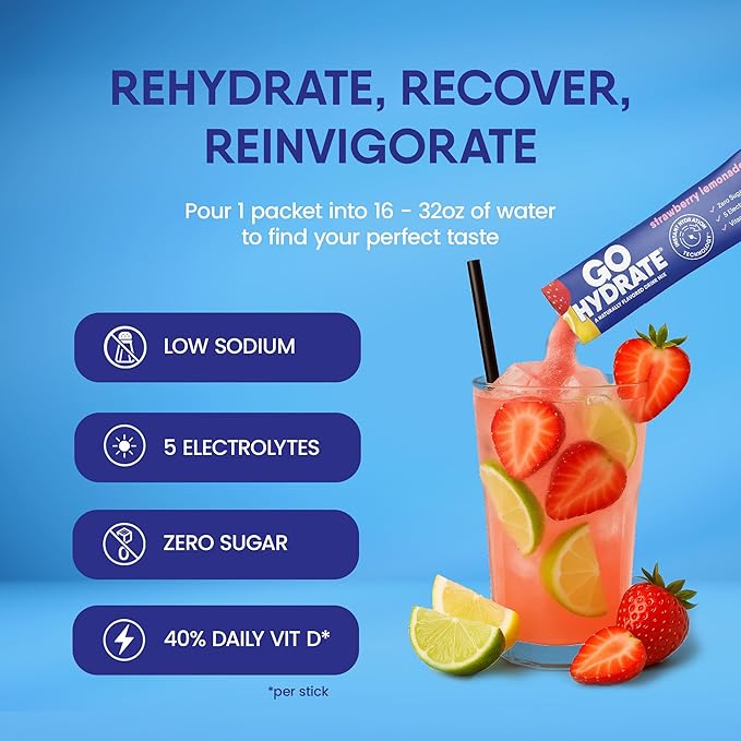 GoHydrate Low Sodium Electrolytes Powder Packets Sugar Free - Instant Hydration Daily Drink Mix - Zero Sugar Water Flavor Packet Singles with Vitamin D - (Strawberry Lemonade 30 Packs)