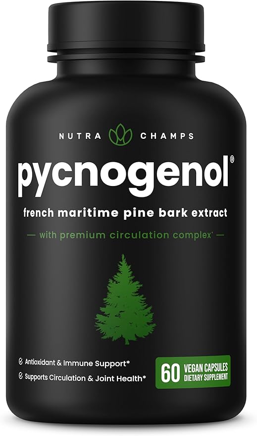 NutraChamps Pycnogenol French Maritime Pine Bark Extract Premium Circulation Complex Blood Flow Nitric Oxide Production Superior Absorption Results with Black Pepper Extract 60 Capsules