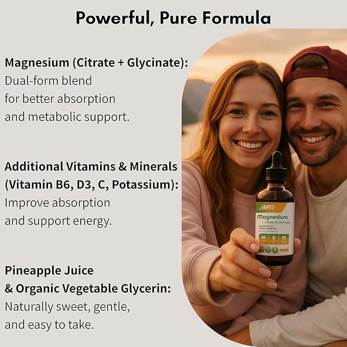 JANTU High‑Absorption Liquid Magnesium Citrate &amp Glycinate with Vitamins B6 D3 C &amp Potassium – Alcohol‑Free Glycerin‑Based Vegan 60‑Day Supply – 4 oz