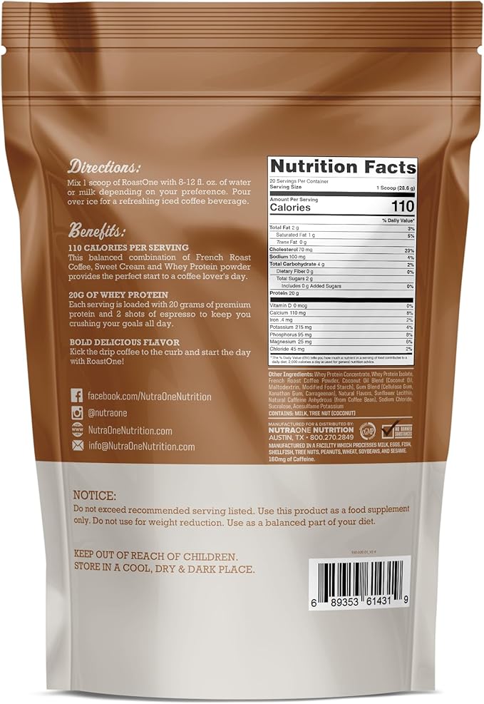 NutraOne RoastOne Coffee Protein Powder Coffee Infused Whey Protein Powder for Energy &amp Focus 160mg Caffeine and 20g Protein (Sweet Cream – 1.35 lbs.)
