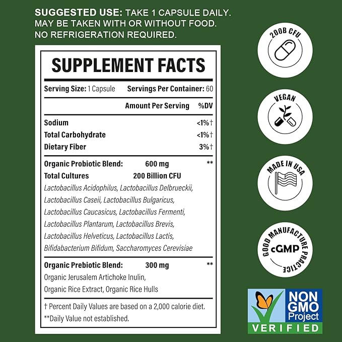 Probiotics for Women and Men - 200 Billion CFU 12 Strains Probiotic for Digestive Immune &amp Gut Health with Organic Prebiotic Shelf Stable Probiotic Supplement for Bloating 120 Capsules