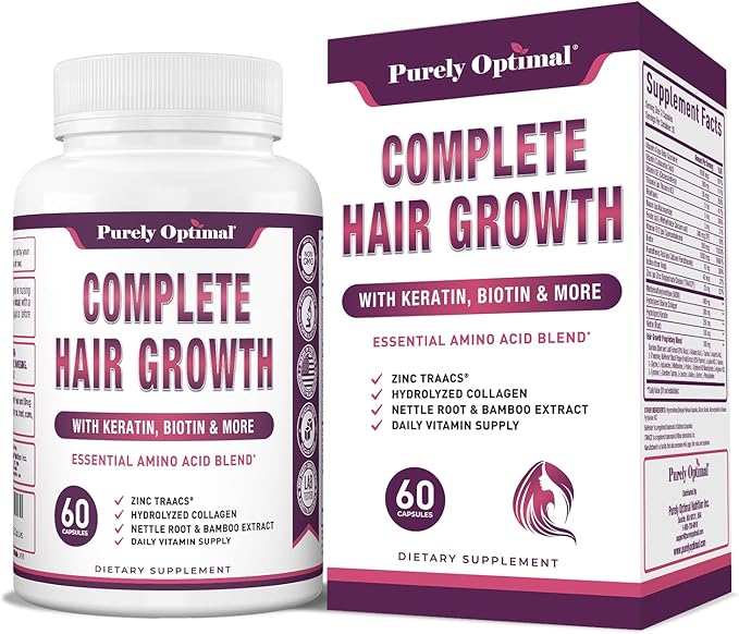 Purely Optimal Hair Growth Vitamins – Supports Thicker Stronger Hair Growth Healthy Skin &amp Nails – Biotin Collagen Keratin – Easy-to-Take Unflavored 60 Capsules