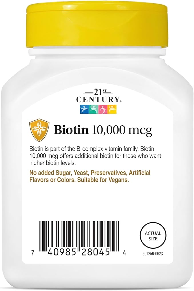 21st Century Biotin 10000 mcg Tablets (360 Count) High Potency Biotin Supplement Supports Hair Skin &amp Nail Health Gluten &amp Sugar-Free Daily Vitamin B7 Supplement Non-GMO