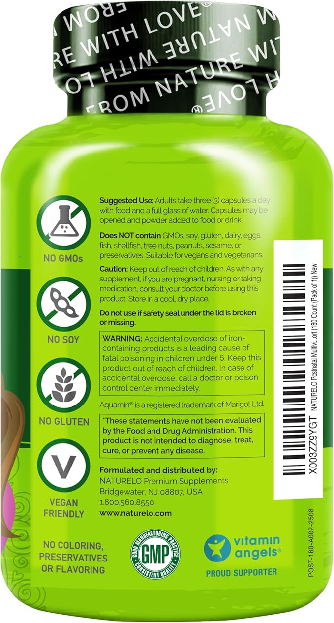 NATURELO Postnatal Multivitamin - Supplement for Breastfeeding Women - Plant-Based Vitamin D Folate Gentle Iron - for Nursing Mother Baby - Post Natal Lactation Support - 180 Count (Pack of 2)