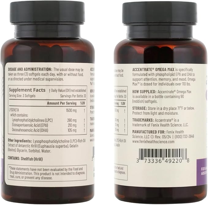 Omega Max w/LYSOVETA LPC | EPA &amp DHA Supplements for Brain &amp Retina Health | Focus Attention Memory Mood &amp Vision | 6X Higher Absorption Than Fish Oil | High Potency Omega-3 LPC-DHA