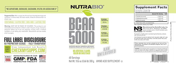 NutraBio BCAA 5000 Powder - Fermented Branched Chain Amino Acids for Muscle Growth &amp Recovery - Natural Flavors Sweeteners and Coloring Vegan Gluten Free - Unflavored 60 Servings