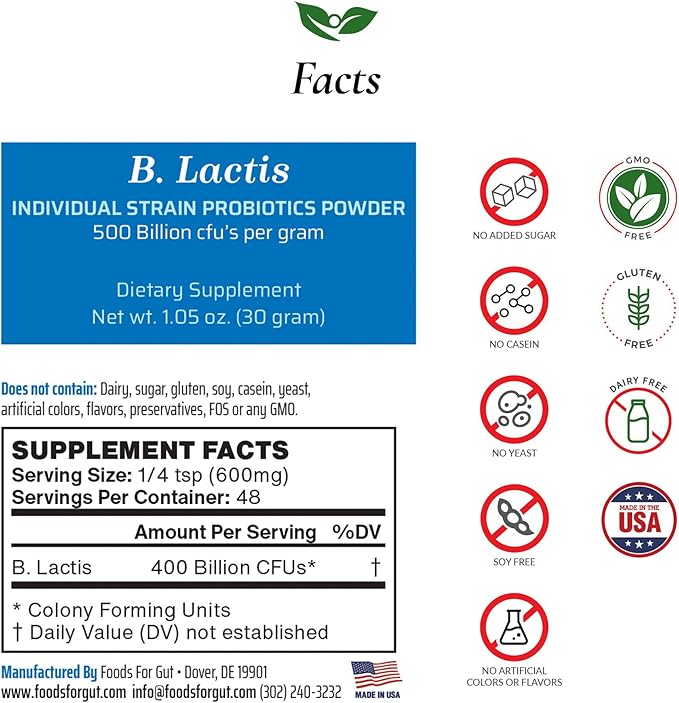 Bifidobacterium Lactis Probiotic Powder 500 Billion cfu's | Made in USA | No Additives | Direct from Manufacturer | No Third-Party Storage | Immune Support | B. Lactis | 30 Grams (1.05 Oz)
