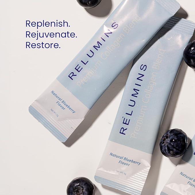 Relumins Premium Collagen &amp Gluta-1000 Bundle - 10 Sachets of Marine Collagen (Blueberry Flavor) + 60 Vegetarian Capsules - Supports Skin Health &amp Wellness