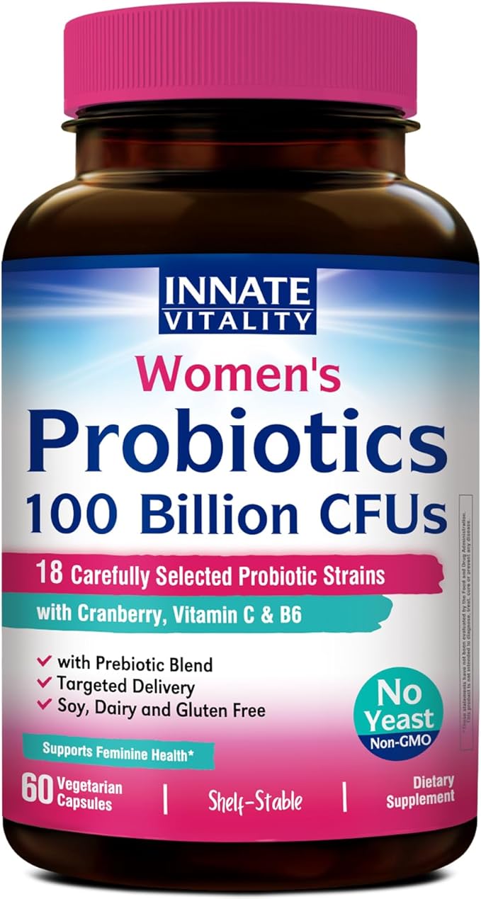 Innate Vitality Probiotics for Women 100 Billion CFUs 18 Strains Prebiotics and Probiotics with Cranberry Vitamin C &amp B6 P5P Vaginal &amp Digestive Health Non refrigerated 60 Caps