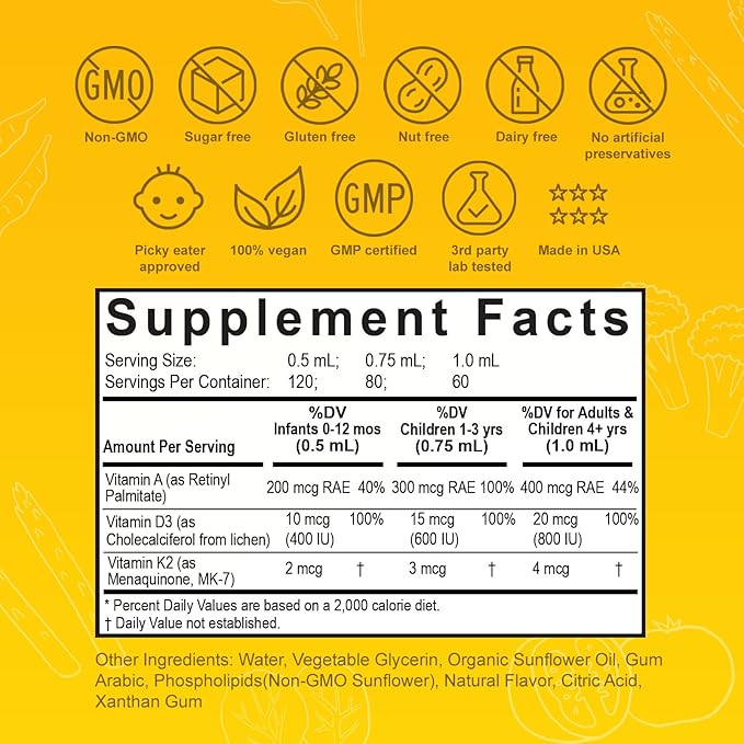 Nuvamin – Liquid Liposomal Vitamin A &amp D3 Drops with K2 for Baby Toddlers Kids &amp Adults 800 IU/mL 2 Fl.Oz (60ml) 120 Daily Serving Great Taste - All Natural - Superior Absorption Lemon Fl
