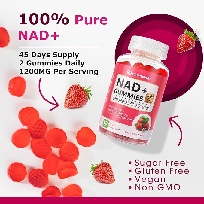 NAD Gummies for Women Men-1200mg Liposomal NAD+Resveratrol SupplementNicotinamide RibosideQuercetin for Anti-AgingCell ActivationDNA RepairStrawberry Flavor90 Count