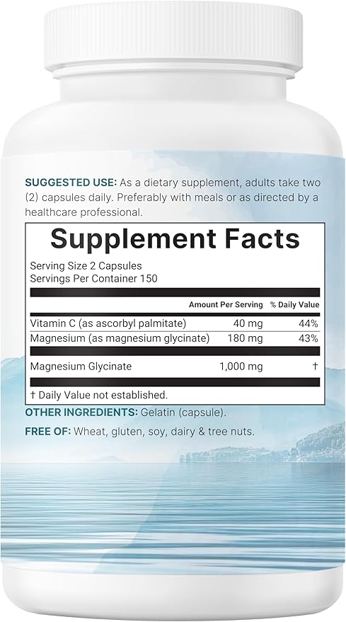 Pure Magnesium Glycinate 1000mg 300 Capsules | 100% Chelated for Max Absorption | Enhanced with Vitamin C | Only Uses Active Ingredients