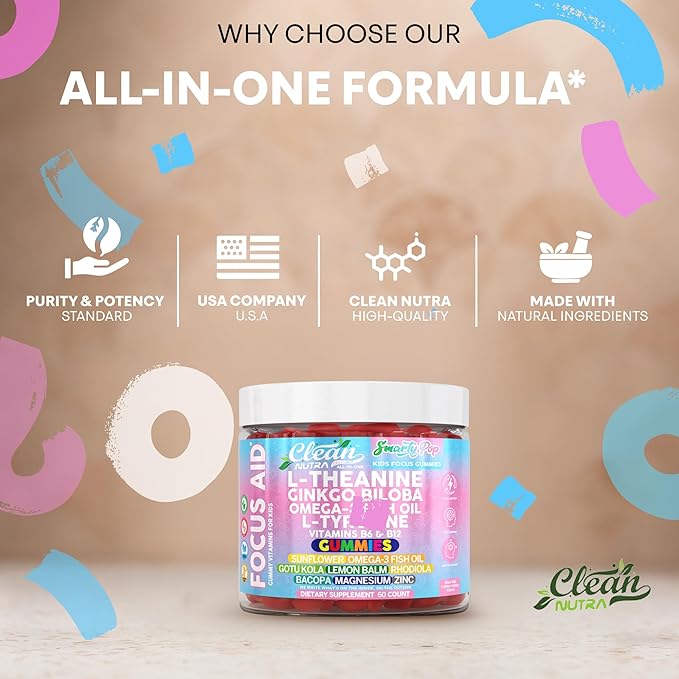 Clean Nutra Kids Focus Gummies with L-Theanine Ginkgo Biloba Omega-3 Fish Oil L-Tyrosine Vitamin B6 B12 – 60 Count Clean Label Non-GMO Vegan-Friendly SmartyPop Formula for Kids Support