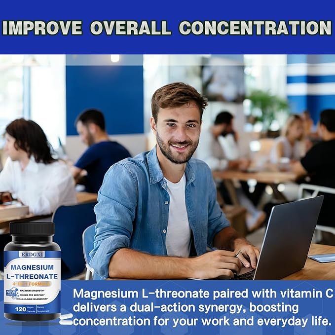 Magnesium L-threonate Supplement 2000mgMagnesium Threonate with Vitamin C &amp Vitamin D3High-AbsorptionMax PotencySupport ClarityZzz &ampImmuneNon-GMO &amp Gluten Free120 Capsules (Pack of
