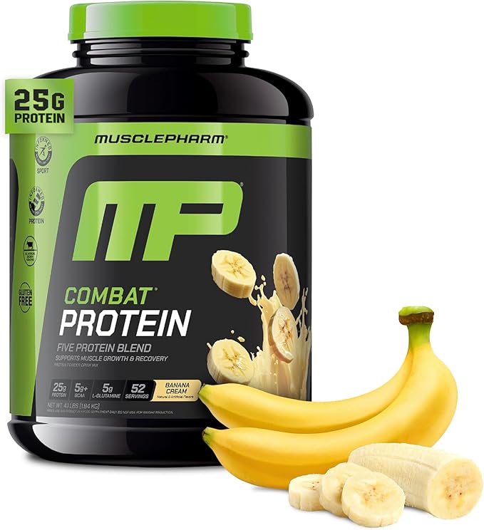 MusclePharm Combat Protein Powder Banana Cream Flavor Fuels Muscles for Productive Workouts 5 Protein Sources including Whey Protein Isolate &amp Egg Albumin Gluten Free 4 lb 52 Servings