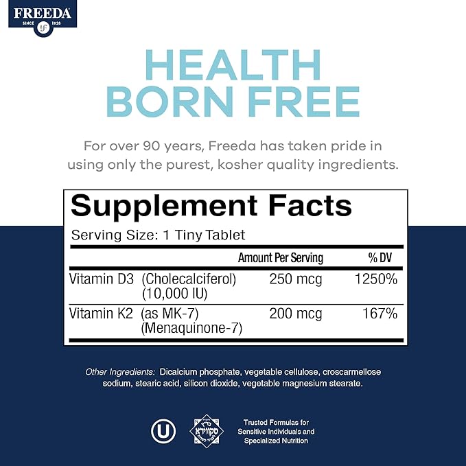 FREEDA Vitamin D3 with K2 Vitamin 10000 IU (250 mcg) + 200 mcg MK7 – High Potency VIT D3 K2 Supplement 10000IU for Bone &amp Joint Support – Supports Calcium Absorption – Made in USA (90 Tablets)