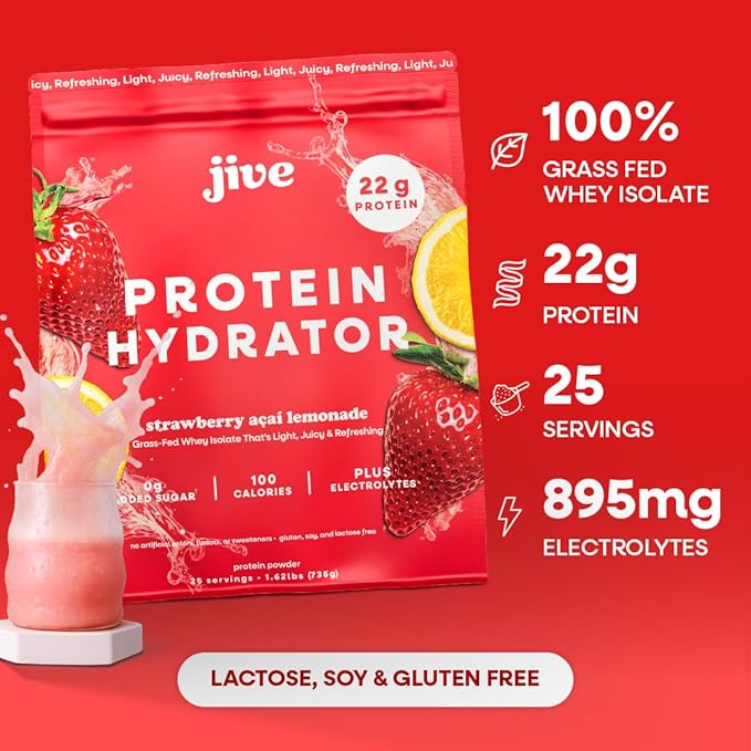 Jive Clear Protein Powder - 22g Grass-Fed Whey Isolate 25 Servings - Strawberry Acai Lemonade - 895mg of Electrolytes - Zero Added Sugar - Clear Drink Protein Water &amp Juice