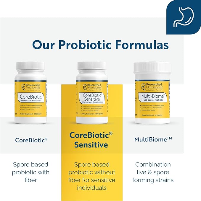Researched Nutritionals CoreBiotic Sensitive - Vegan Probiotics for Low FODMAP Diet - Spore Based Probiotic Supplement to Support Microbiome &amp Gut Health - Researched Strains (60 Capsules)
