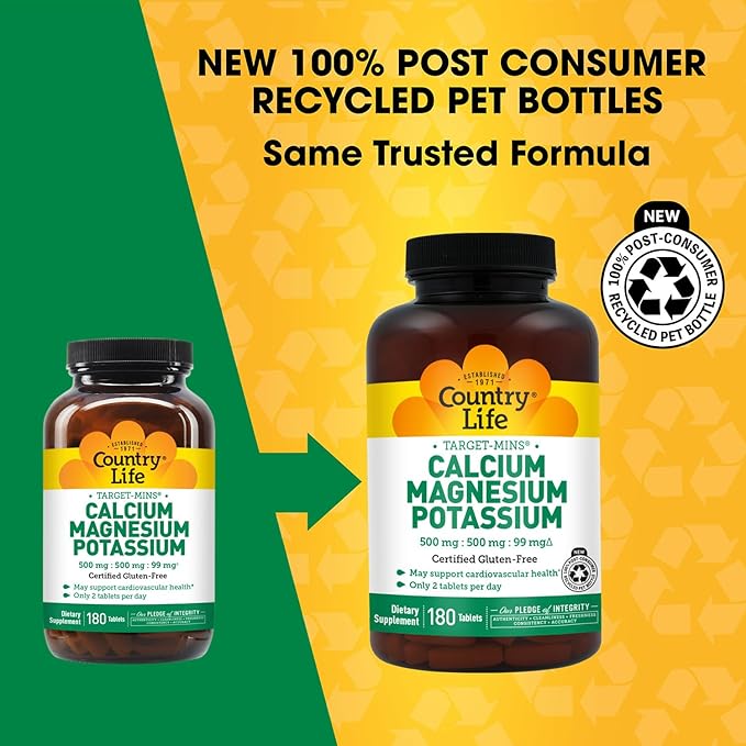 Country Life Target Mins - Calcium Magnesium Potassium Bone &amp Heart Health Supplement 1000mg Calcium 500mg Magnesium Supports Calcium Utilization 180 Tablets – Certified Gluten Free &amp Vega