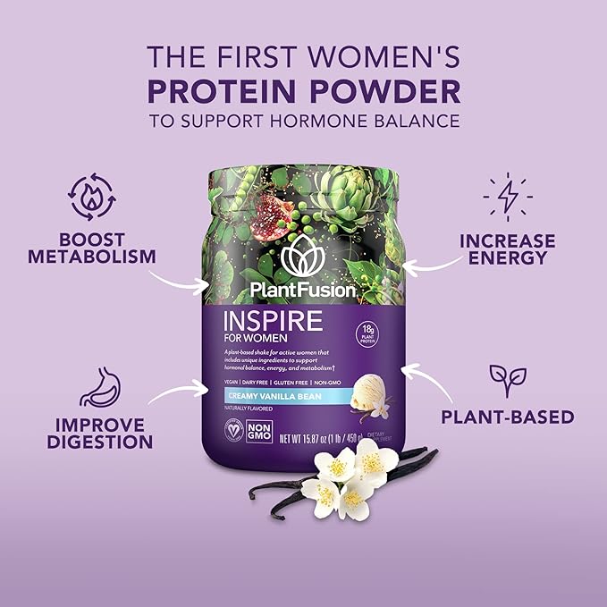 PlantFusion Inspire Plant Protein Powder for Women - Low Carb Protein Powder for Lean Muscle Support - Keto Gluten Free Soy Free Non-Dairy No Sugar Non-GMO - Creamy Vanilla Bean 1 lb