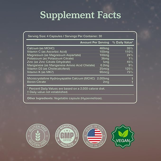 More. Longevity &amp Wellbeing Premium Calcium Supplement - Bone Strength Supplements with Magnesium Vitamin D3 + K2 &amp Zinc for Bone Health Support - 4 Capsule Daily - Easy to Swallow - 120 Caps