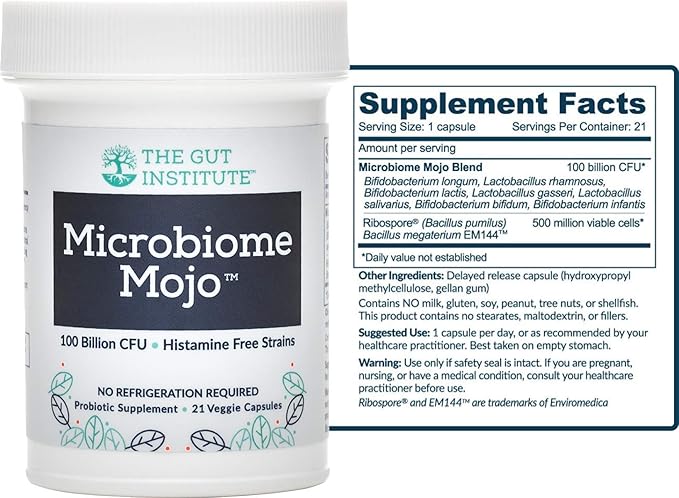 Microbiome Mojo 2-in-1 High Potency Probiotics - 100 Billion CFUs Plus 500 Million viable Soil-Based Probiotics per Capsule - 28 Count - No Refrigeration Needed - Made in The USA