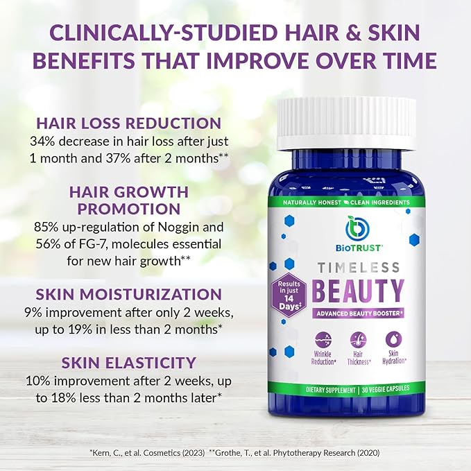 BioTrust Timeless Beauty Ceramide Booster – Hair &amp Skin Restoring Phytoceramides Supplement + Vitamin C Vitamin E Biotin Zinc Hyaluronic Acid – Potent Blend for Hair Skin &amp Nails - 30 Cap