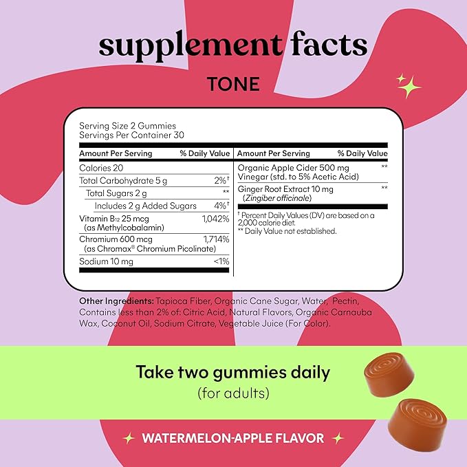 Lemme Tone Metabolism Gummies Apple Cider Vinegar Clinically Studied Chromium B12 Ginger Root Extract Promote Lean Body Mass Watermelon Apple Flavor (30 Day Supply)