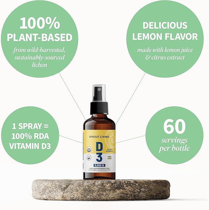Sprout Living Organic Vitamin D3 5000 IU (Lichen) Spray for Immune Support &amp Bone Health | Trace Minerals with Real Lemon &amp Citrus Extract Sugar Free (2 FL OZ 60 Servings)