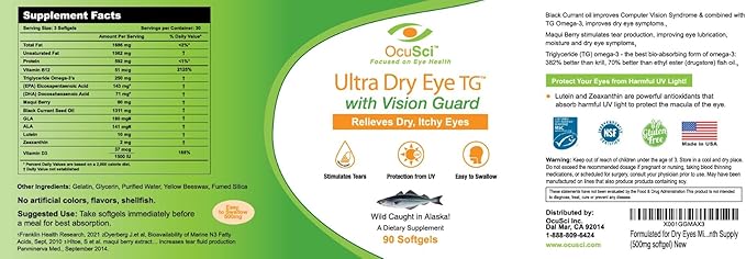 Formulated for Dry Eyes Mini-softgels of Ultra Pure Omega-3 Black Currant Oil Maqui Berry Lutein Zeaxanthin Vitamins B12 and D3 (2 Month (180 mini softgels)