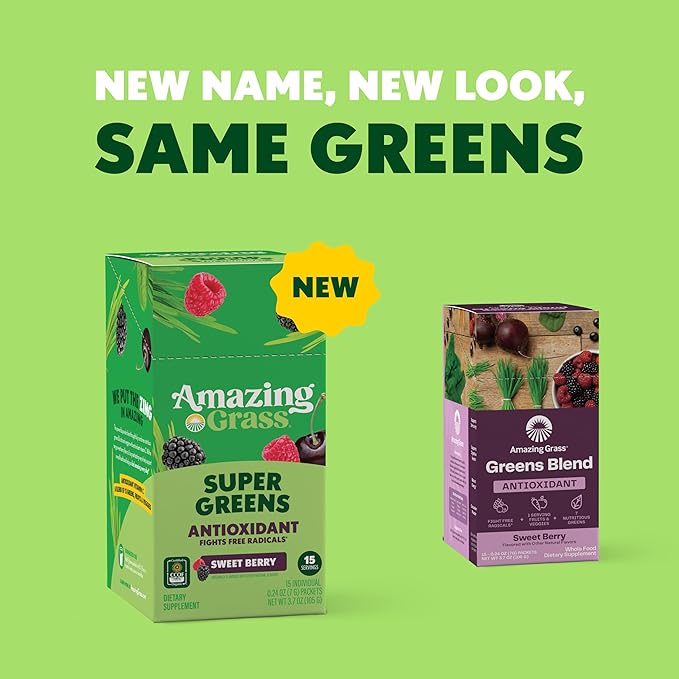 Amazing Grass Greens Blend Antioxidant: Super Greens Powder with Spirulina Beet Root Powder Elderberry Prebiotics &amp Probiotics Sweet Berry 15 Servings (Packaging May Vary)