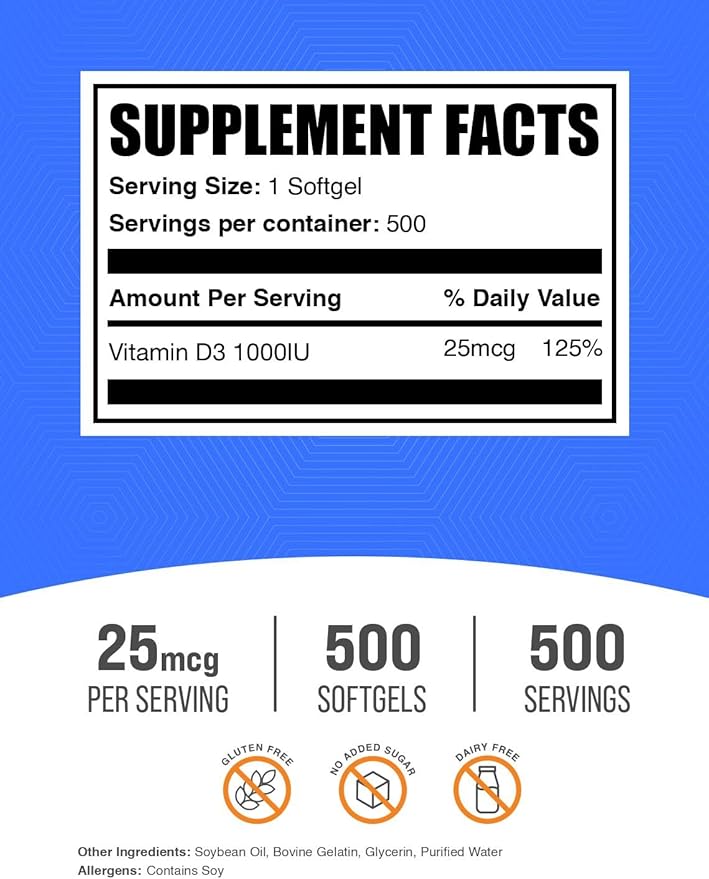 BulkSupplements.com Vitamin D3 1000IU Softgels - Cholecalciferol D3 Supplement Vitamin D 1000 IU - 1 Vitamin D3 Softgel (25mcg of Vitamin D) per Serving 500 Count (Pack of 1)