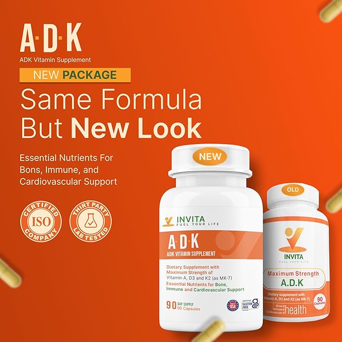INVITA ADK Vitamin Supplement – 90 Capsules – High Potency of Vitamin A D3 5000 IU &amp K2-MK7 – Physician Formulated for Bone Heart &amp Immune Support – Non-GMO Gluten Free (3-Month Supply)