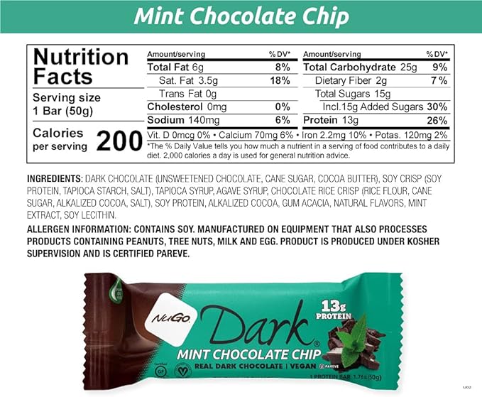 NuGo Dark Variety - Chocolate Pretzel 12 Bars &amp Mint Chocolate Chip 12 Bars 12-13g Protein Vegan Gluten Free Non-GMO Kosher Pareve 24 Count