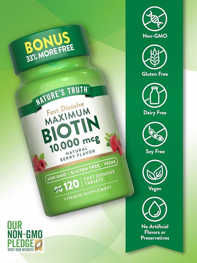 Nature's Truth Biotin 10000 Mcg Fast Dissolve Tabs Natural Berry Flavor 120 Count (Pack of 3)